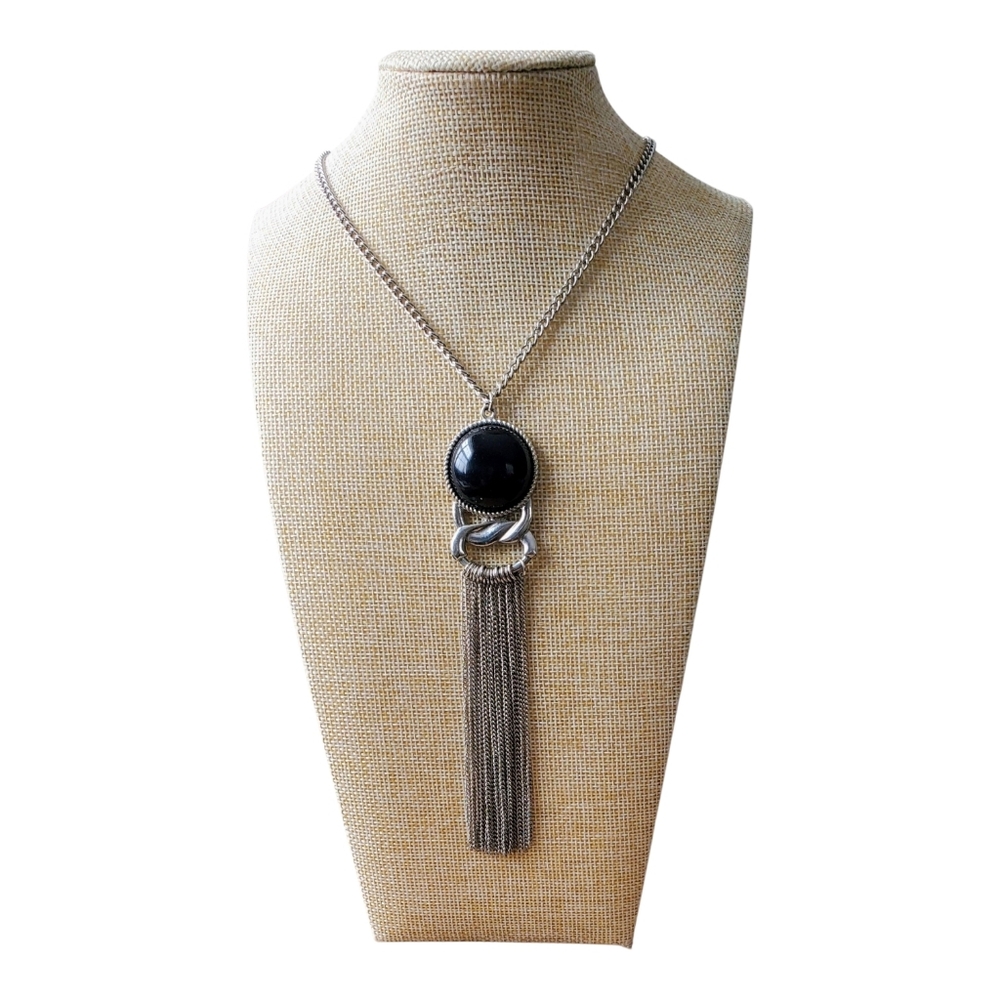 Avant Garde Silvertone Necklace with Black Pendant Nygard 34" Chain